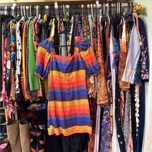 FARM Rio Colorful Striped Puff Sleeve Dress